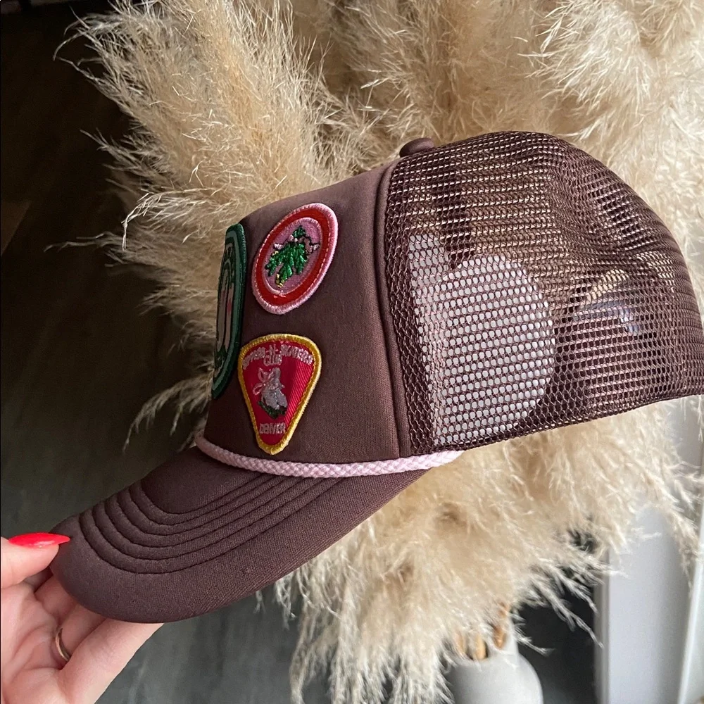 Anthropologie Christmas trucker hat embroidered patches OSFM